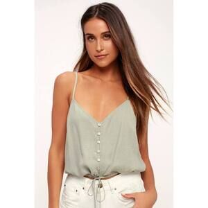 Lulus Eastport Dusty Sage Button-up Cropped Tank Top Green - Size S